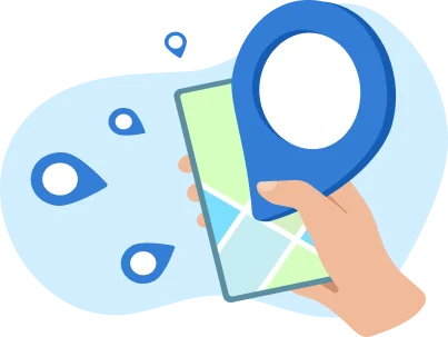 Mano sosteniendo un movil con un mapa y chinchetas de localizacion de comercios